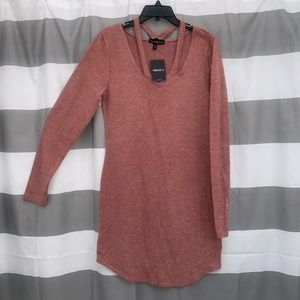 Weathered Maroon Fleece Body Con Long Sleeve Dress